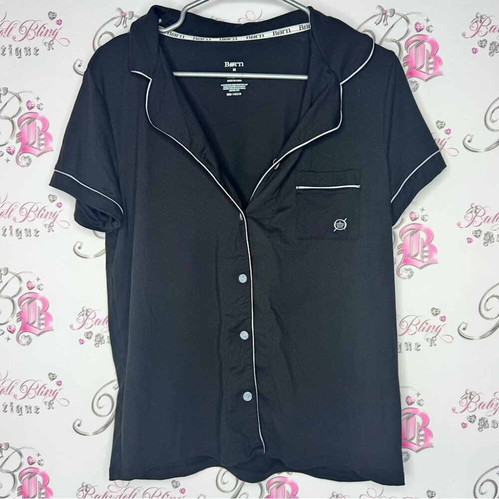 BORN shirt button up sleep night time tshirt style black white trim soft buttery